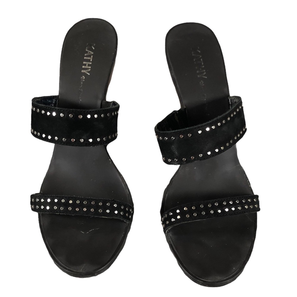 Kathy Van Zeeland Wedges Wooded Studded Black Strappy Sandals Silver Retro 90’s - Picture 10 of 10